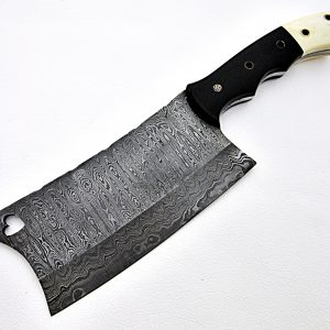 Custom Handmade Damascus Chef Cleaver Knife HK101CC With Leather Sheath 13 Inch Micarta and Bone Handle Best Chef Cleaver Knife