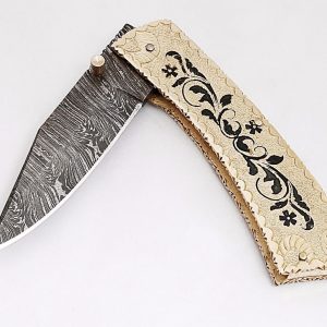 Custom Handmade Damascus Steel Folding Knife HK102FK With Leather Sheath 9 Inch Brass Handle Best Folding Knife