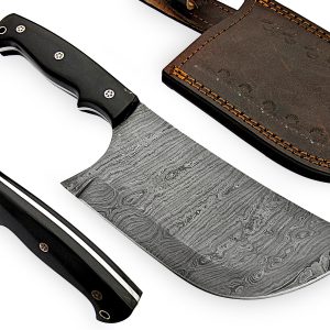 Custom Handmade Damascus Chef Cleaver Knife HK102CC With Leather Sheath 12 Inch Buffalo Horn Handle Best Chef Cleaver Knife