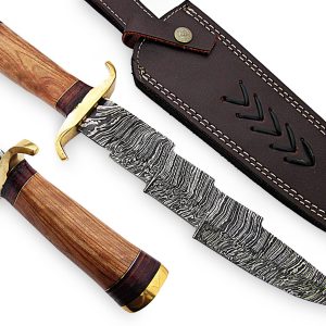 Custom Handmade Damascus Steel Bowie Knife HK101BK With Leather Sheath 15 Inch Wood Handle Best Bowie Knife