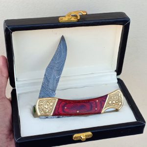 Custom Handmade Damascus Steel Folding Knife HK103FK With Brass hand Engraved  Bolsters and wood handle